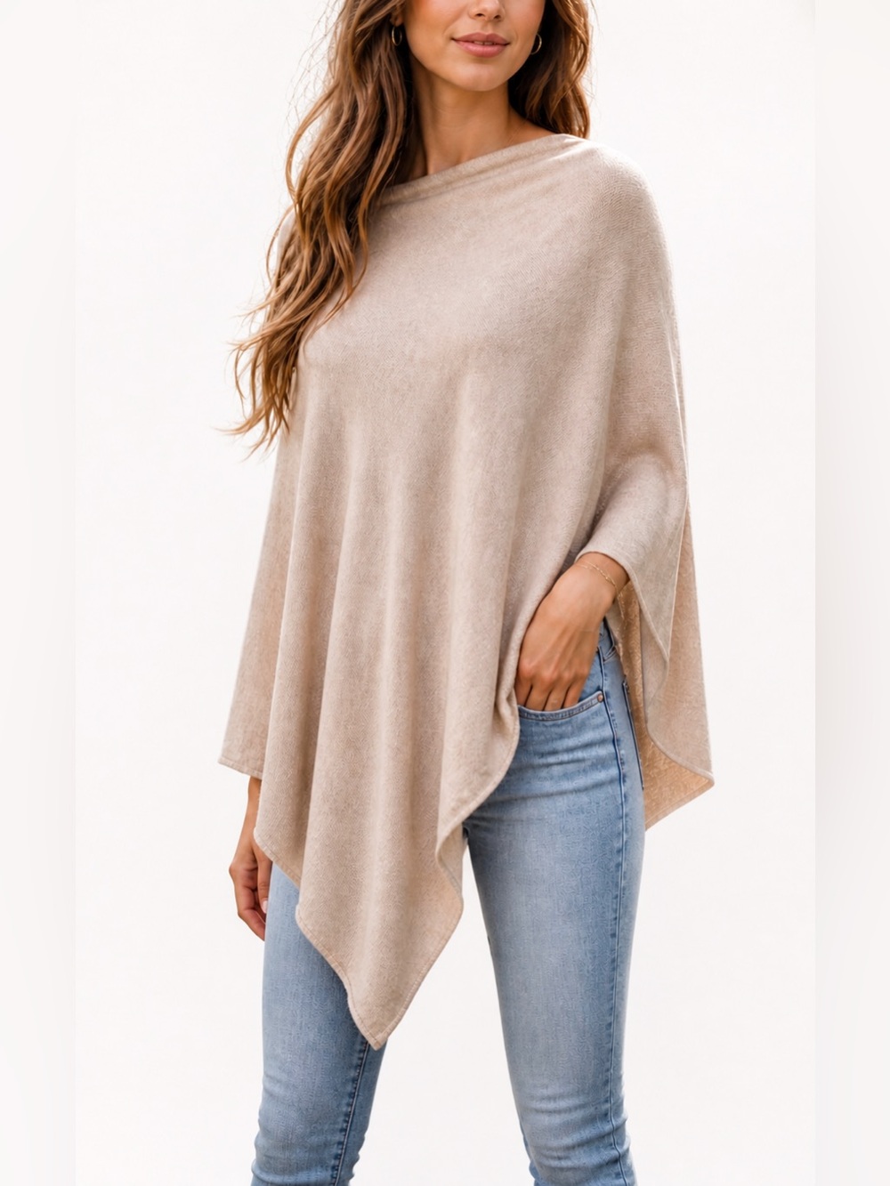 Look by M Year-Round Merino Wool Poncho - Beige Asymmetrical Lightweight Wrap